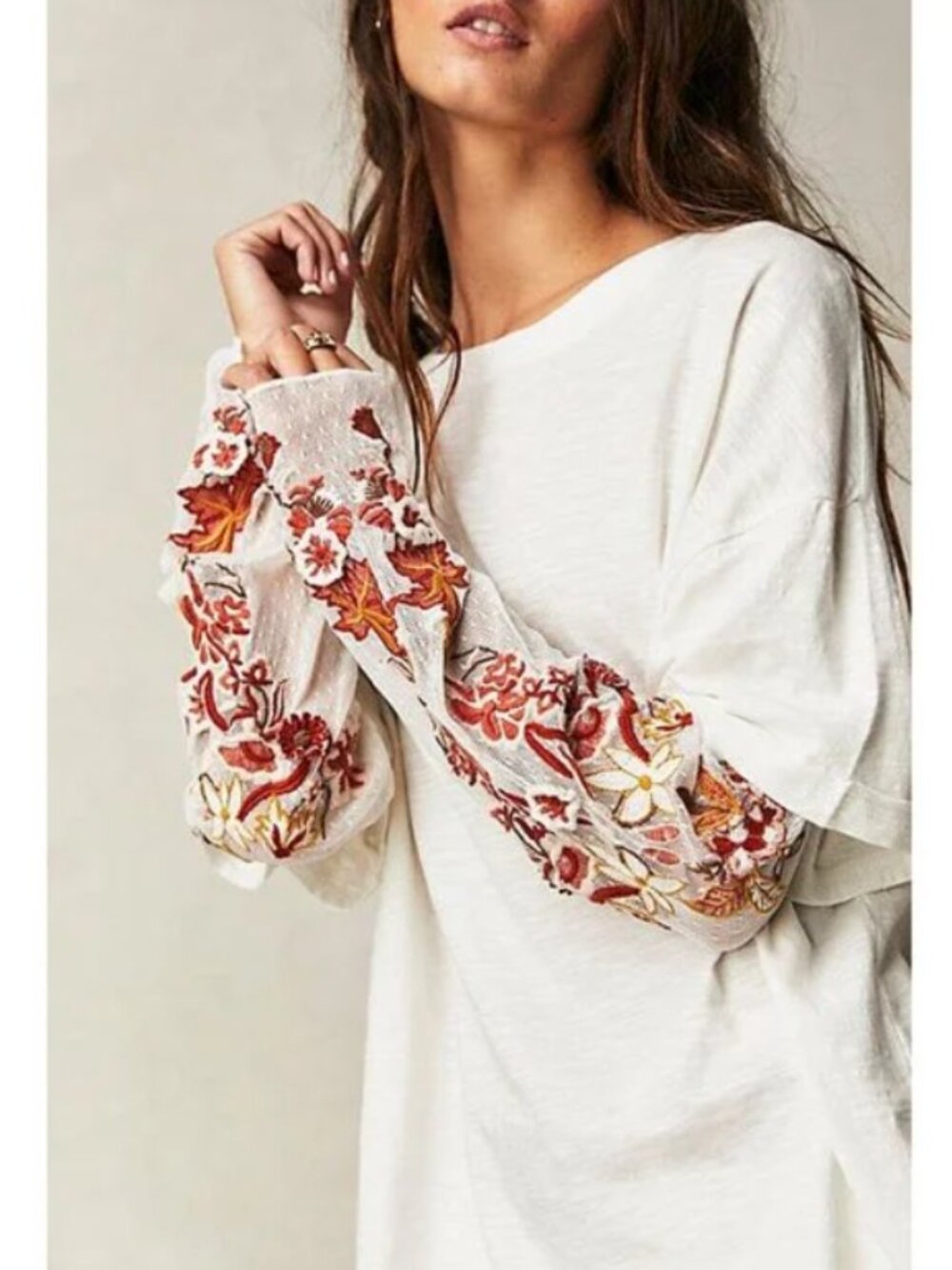 Free People Gardener Tee Floral Embroidered Mesh Sleeves Natural Cotton Size XS